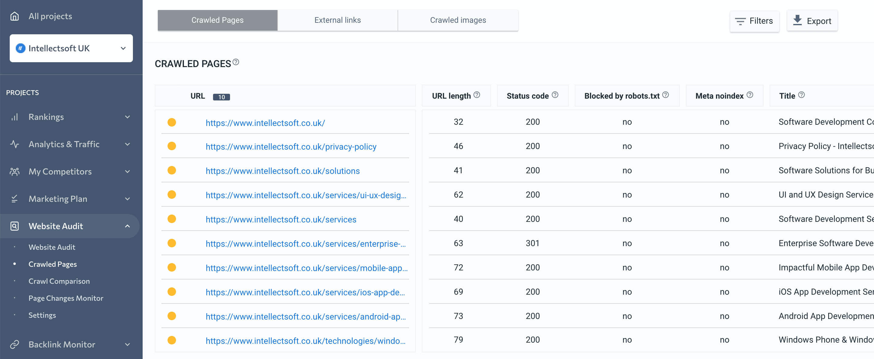 Crawled pages in SE Ranking's Website Audir