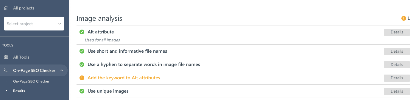 Image analysis in SE Ranking's On-Page SEO Checker