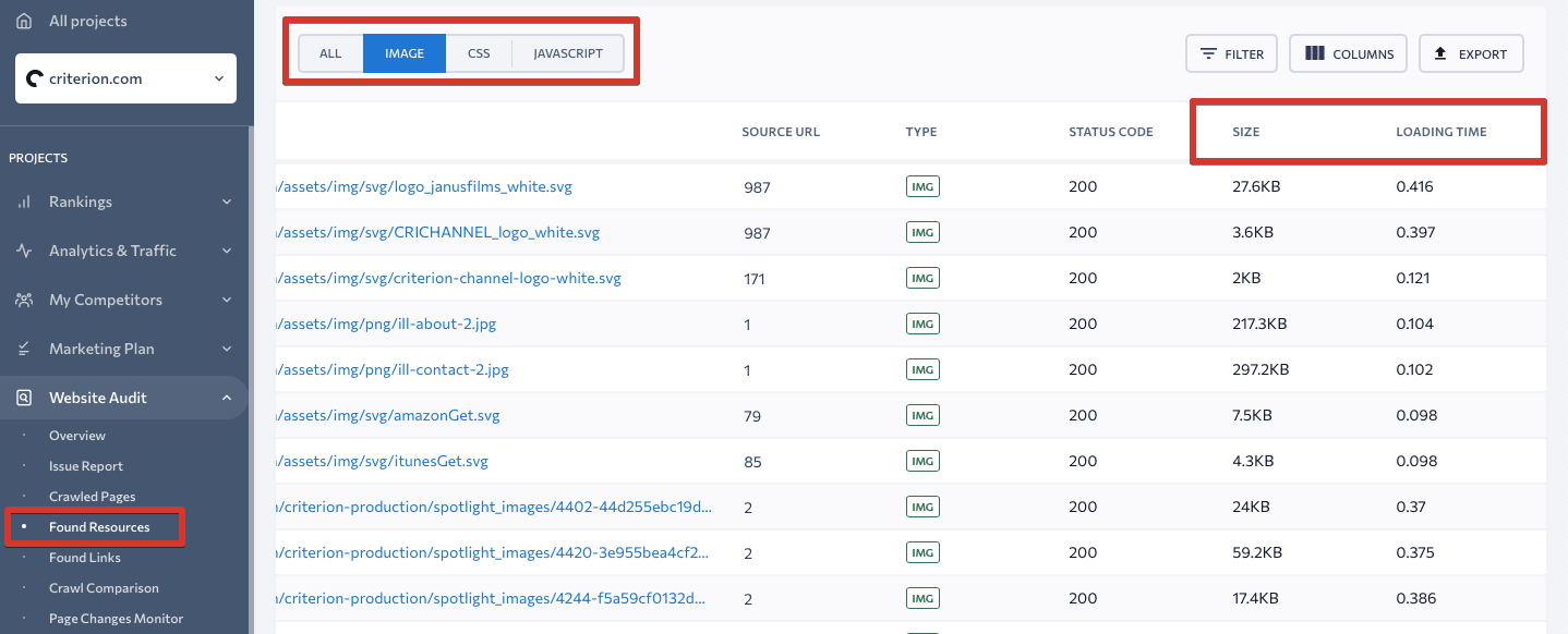 Checking image sizes and loading time in SE Ranking's Website Audit