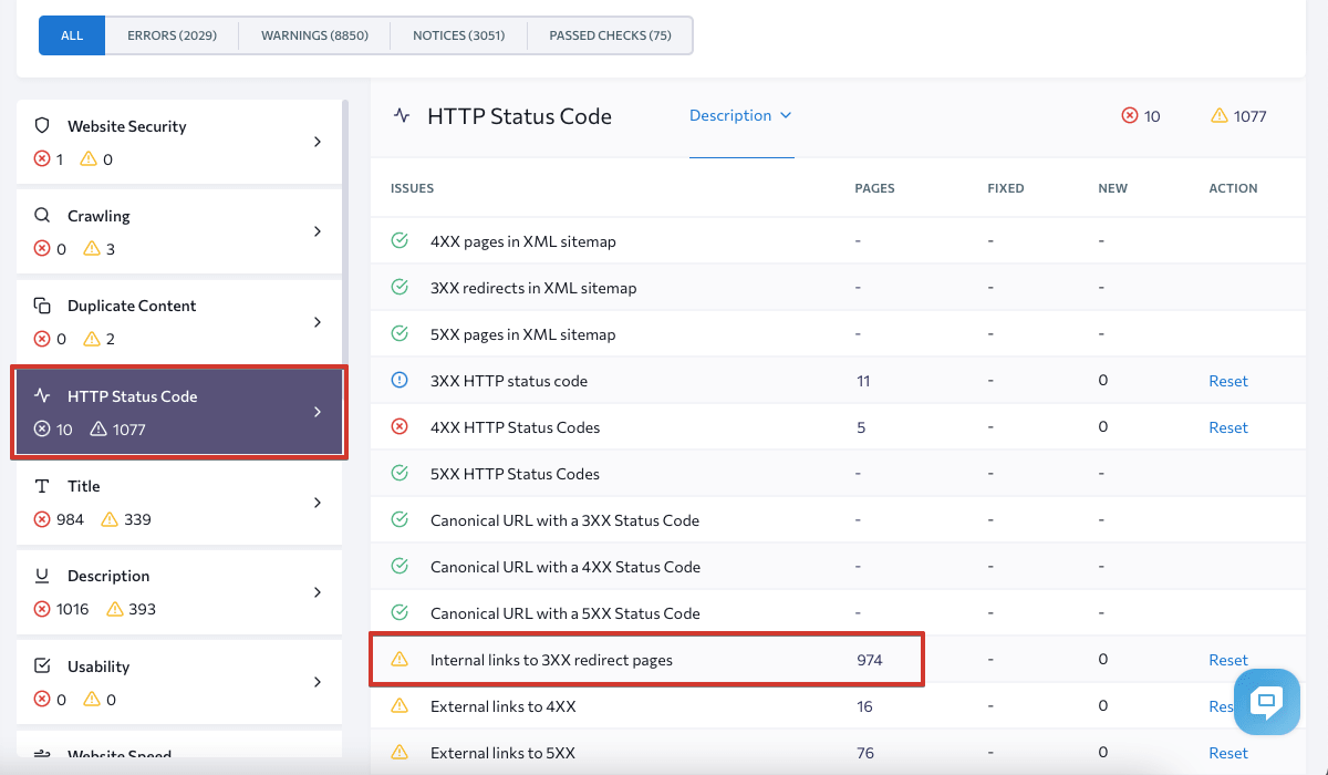 Checking internal links to redirect pages in SE Ranking