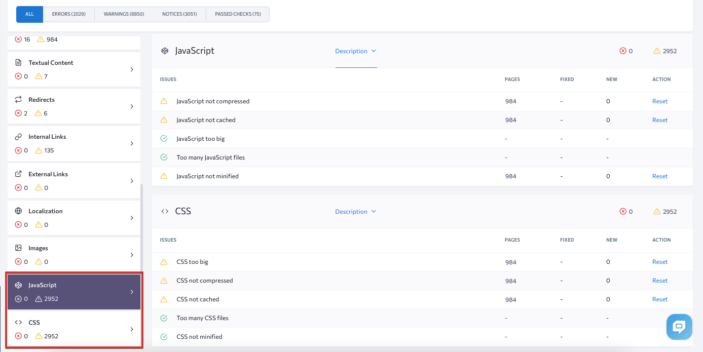 JS and CSS issues in SE Ranking's Website Audit