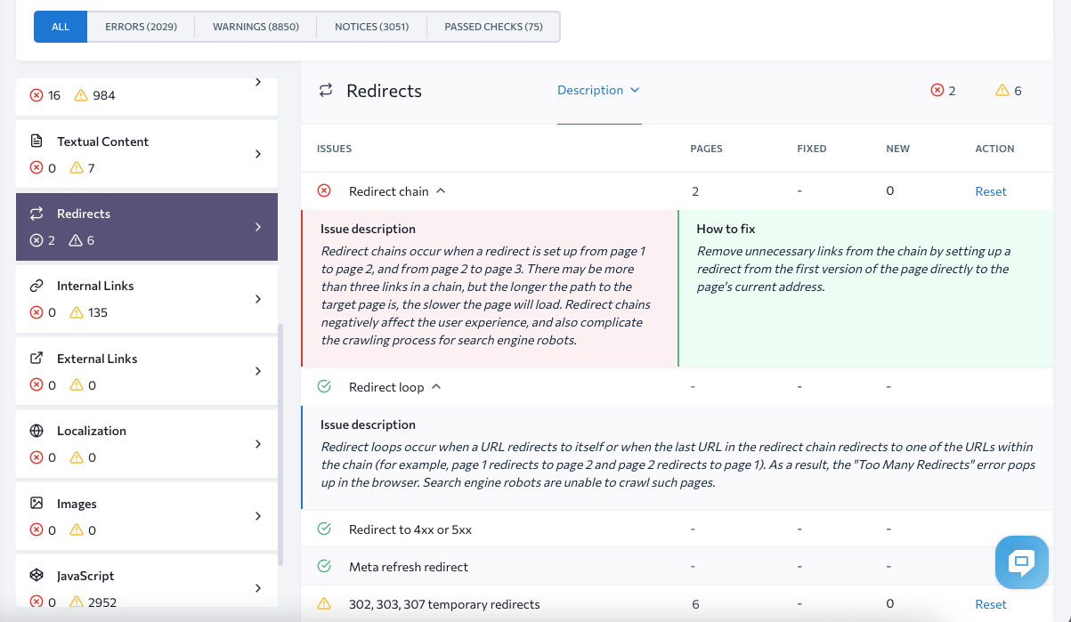 Checking redirects in SE Ranking's Website Audit