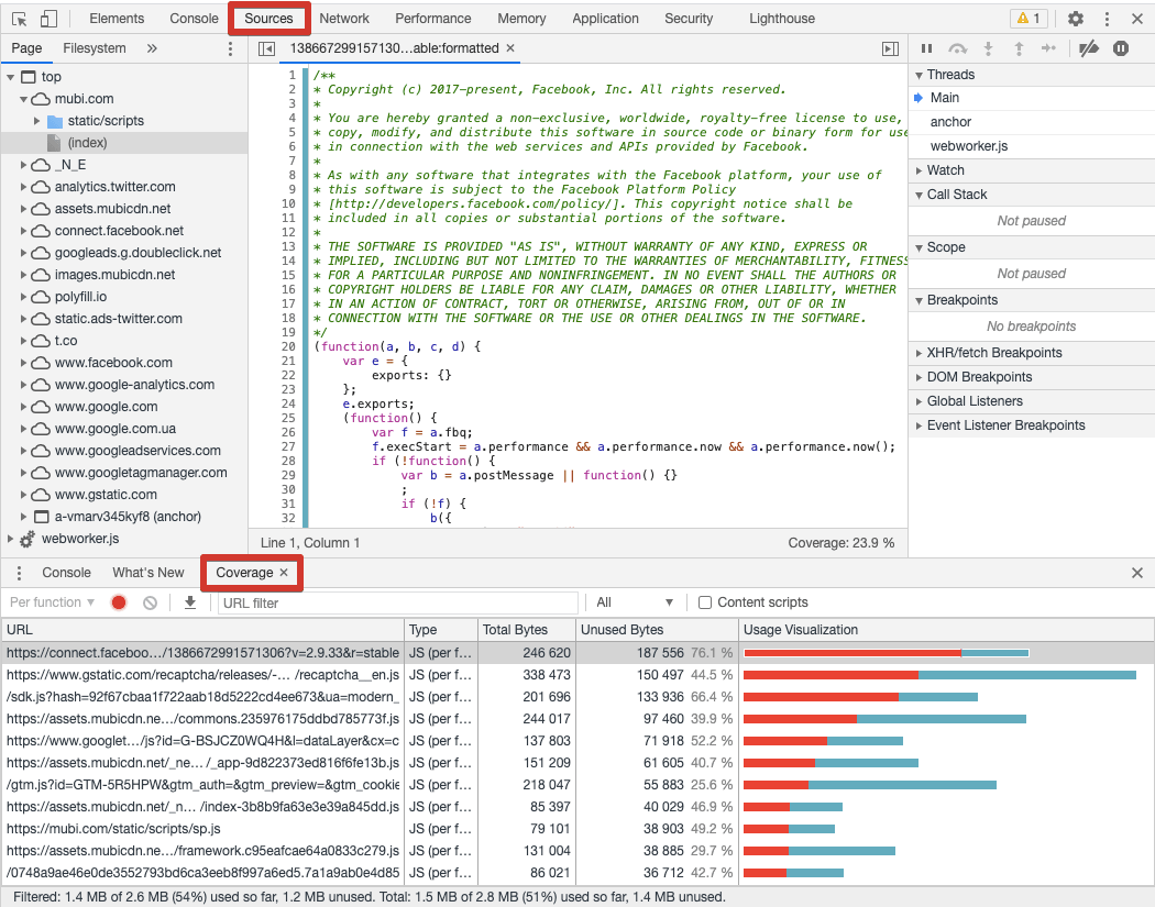 Statistiken zu JS- und CSS-Dateien in den Entwicklertools in Chrome