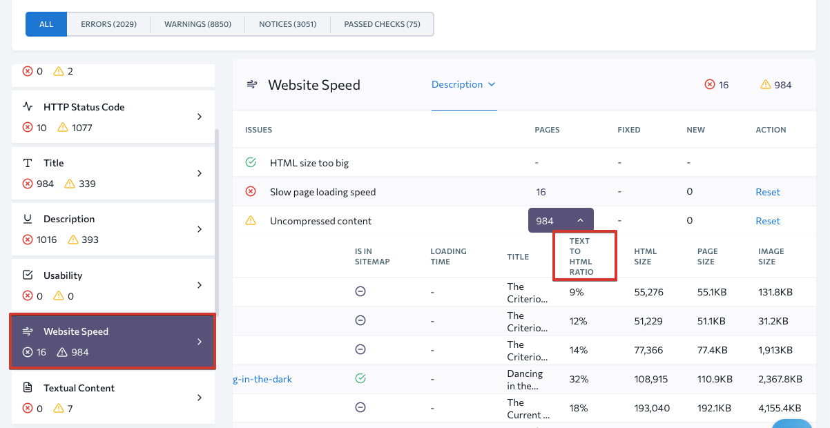 Text to HTML ratio check in SE Ranking's Website Audit