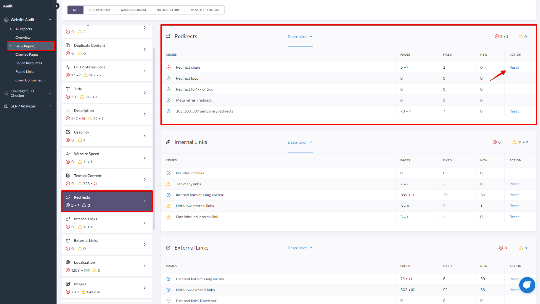 Redirects in the SE Ranking's Website Audit tool 