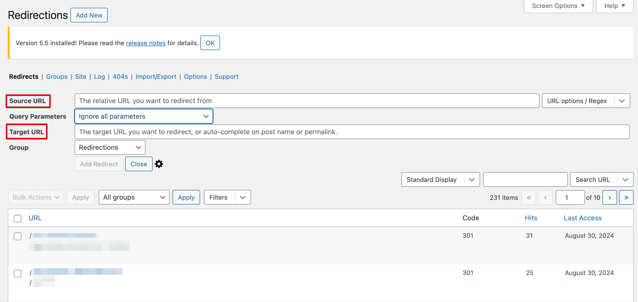 Redirect example using the Redirection plugin