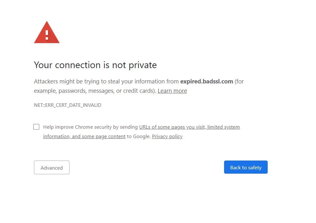 Browser warning for a website with an expired certificate