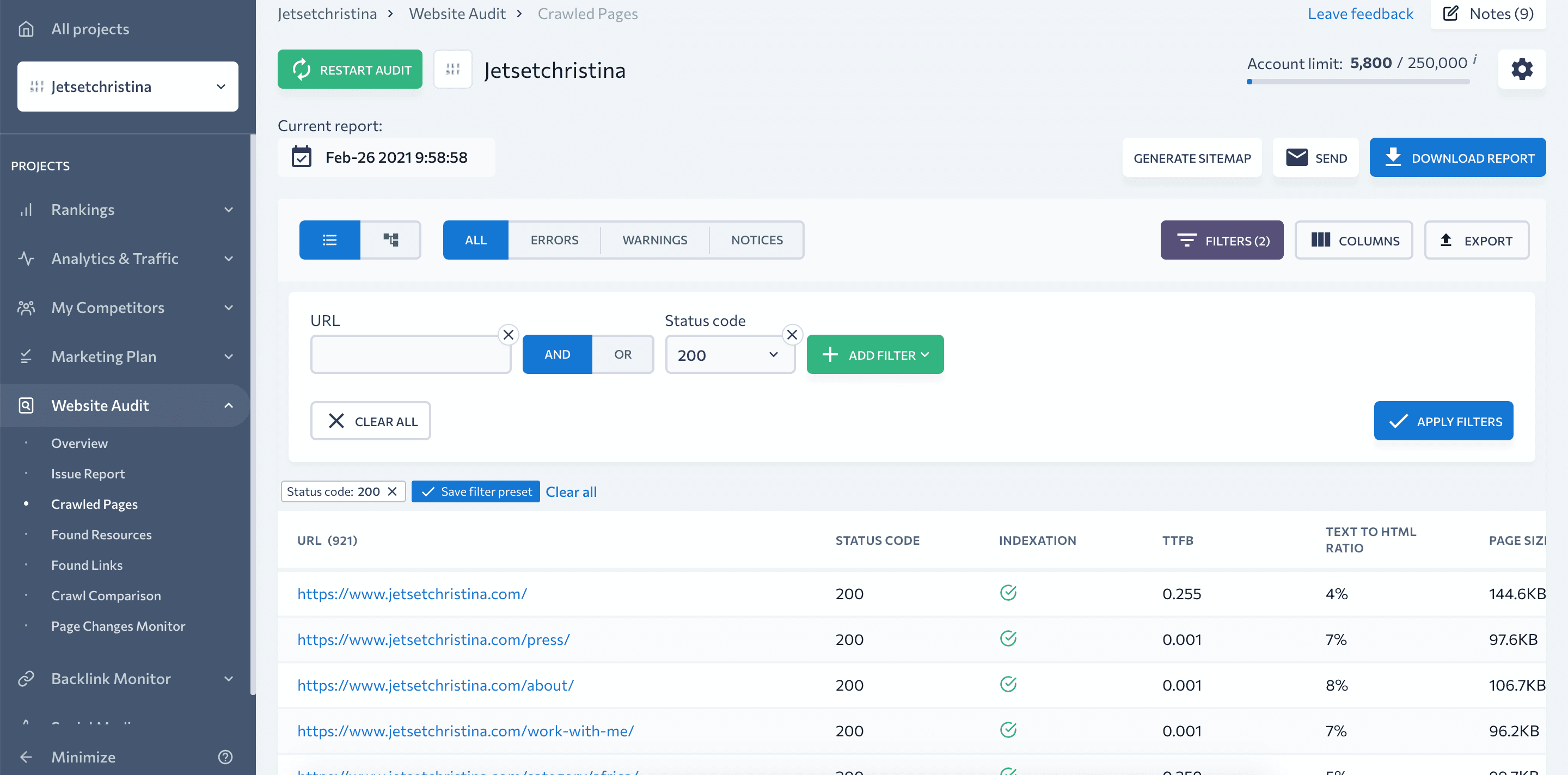 Crawled pages filtering with SE Ranking's Website Audit