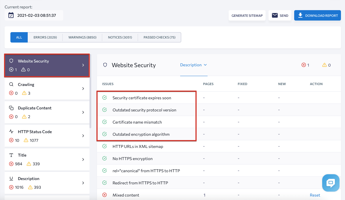 Security certificate check in SE Ranking's website audit