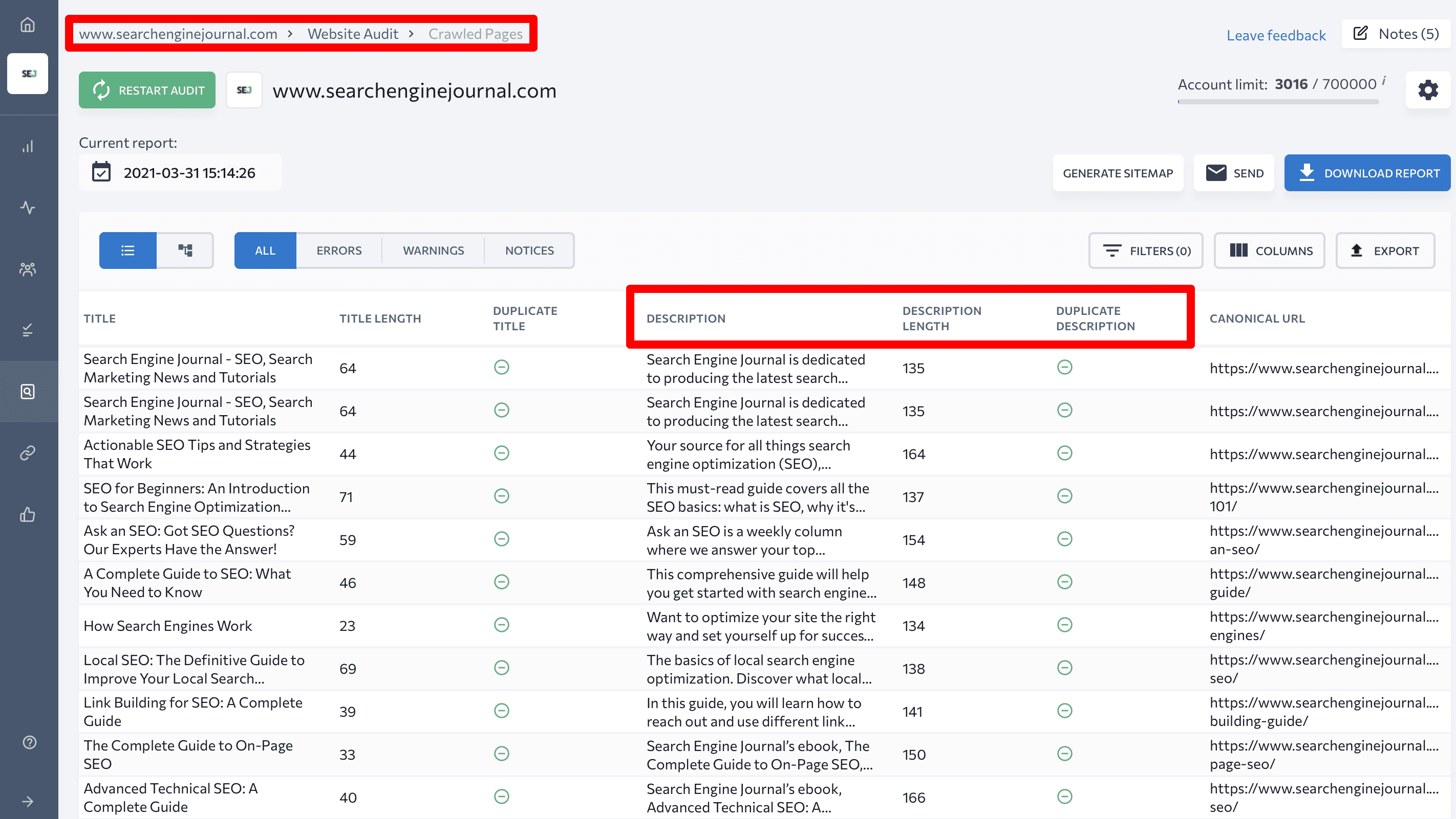 Description meta tag page report in SE Ranking's Website Audit