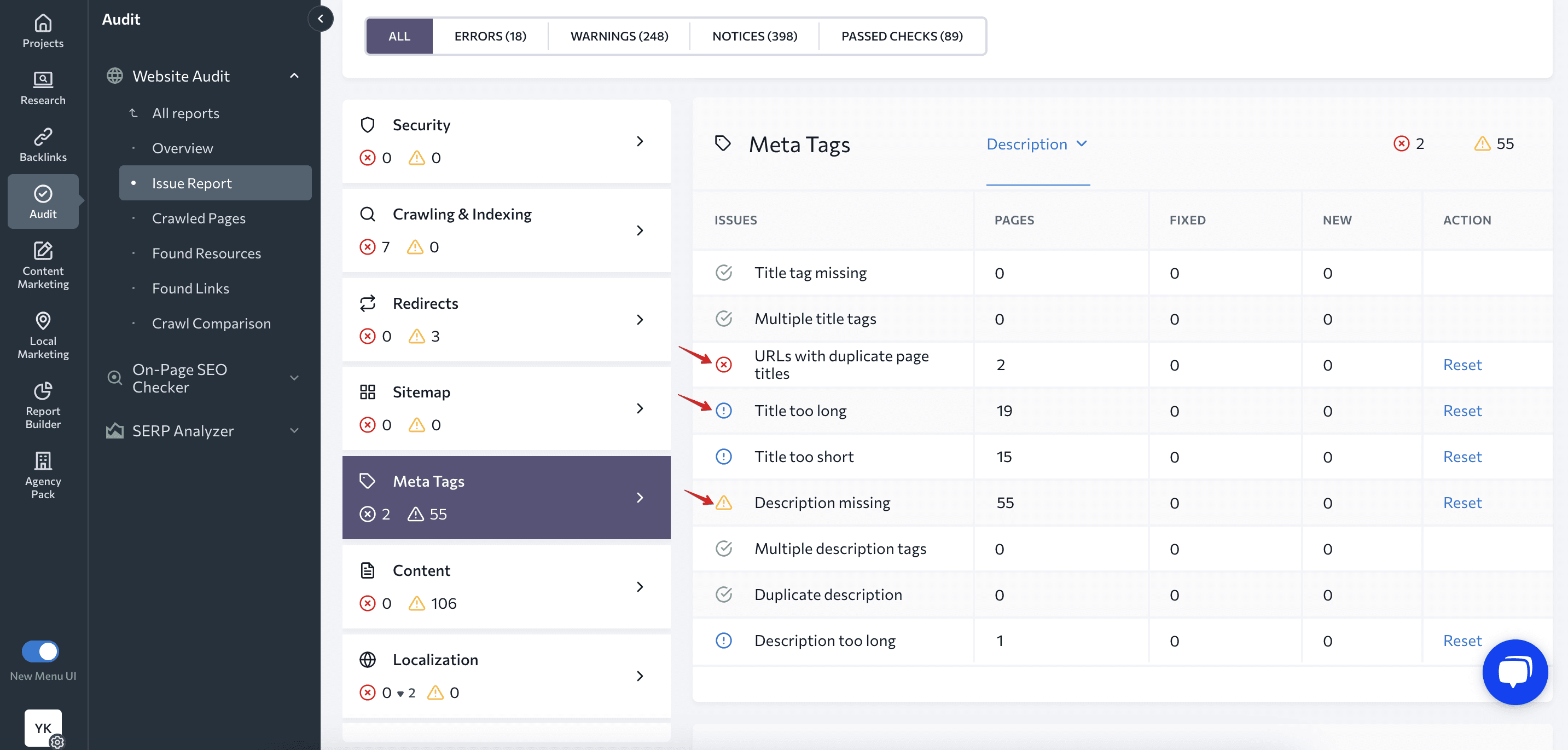 Niveaux de priorité dans l'outil d'audit de site Web