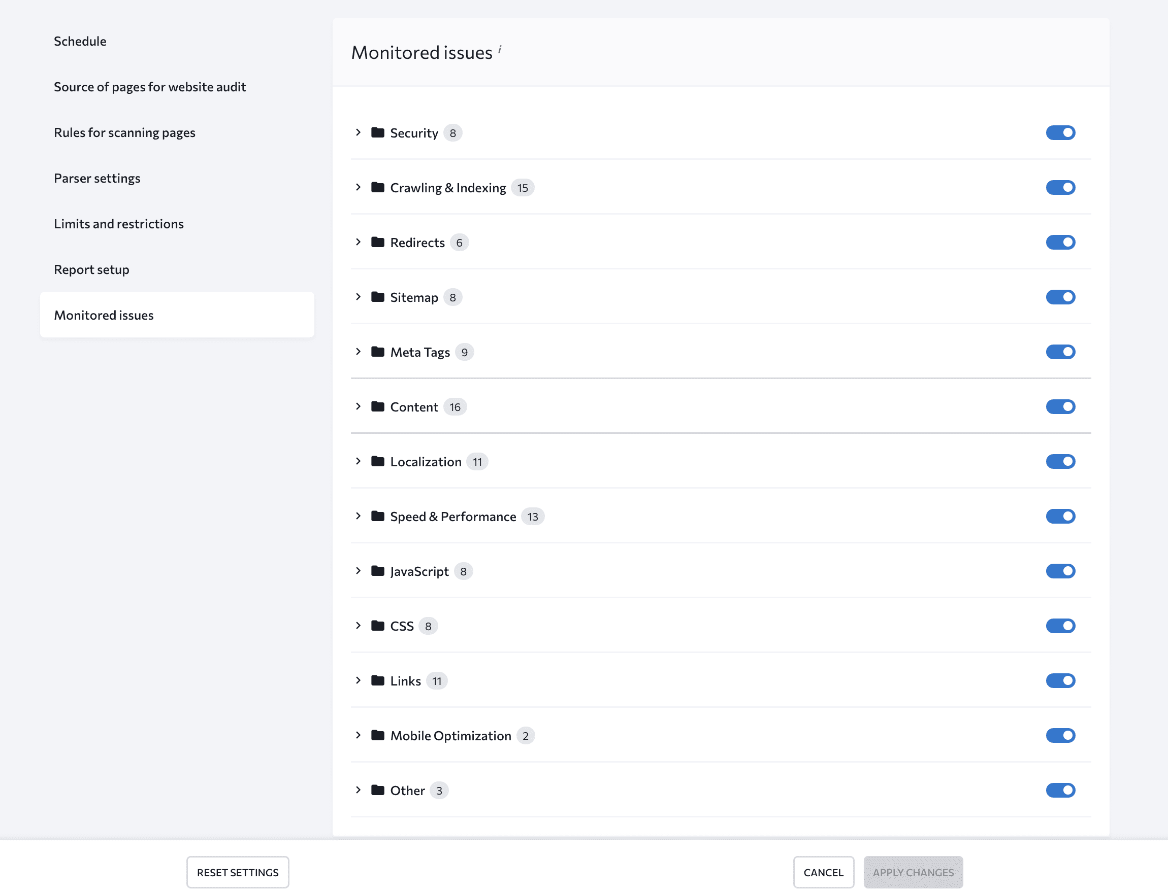 Liste des catégories mise à jour dans l'outil d'audit de site Web