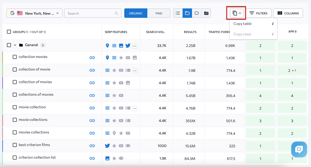 Copie des données de classement à partir du classement SE