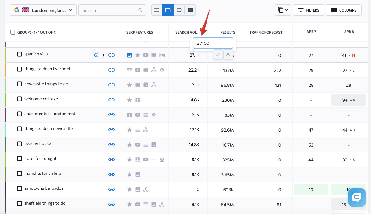 Saisie des volumes de recherche par mot-clé lors de la vérification des classements