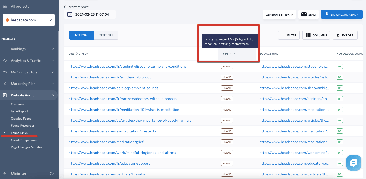 Types de liens trouvés dans l'audit du site Web de SE Ranking