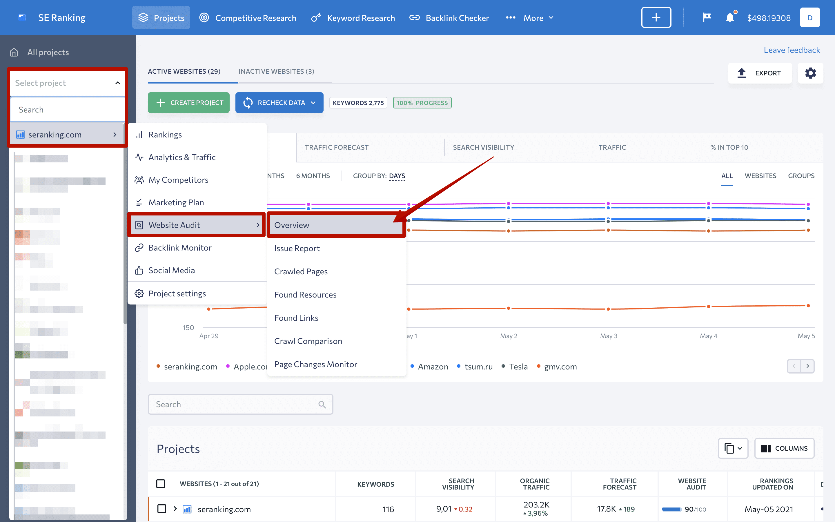 Accessing Website Audit in SE Ranking