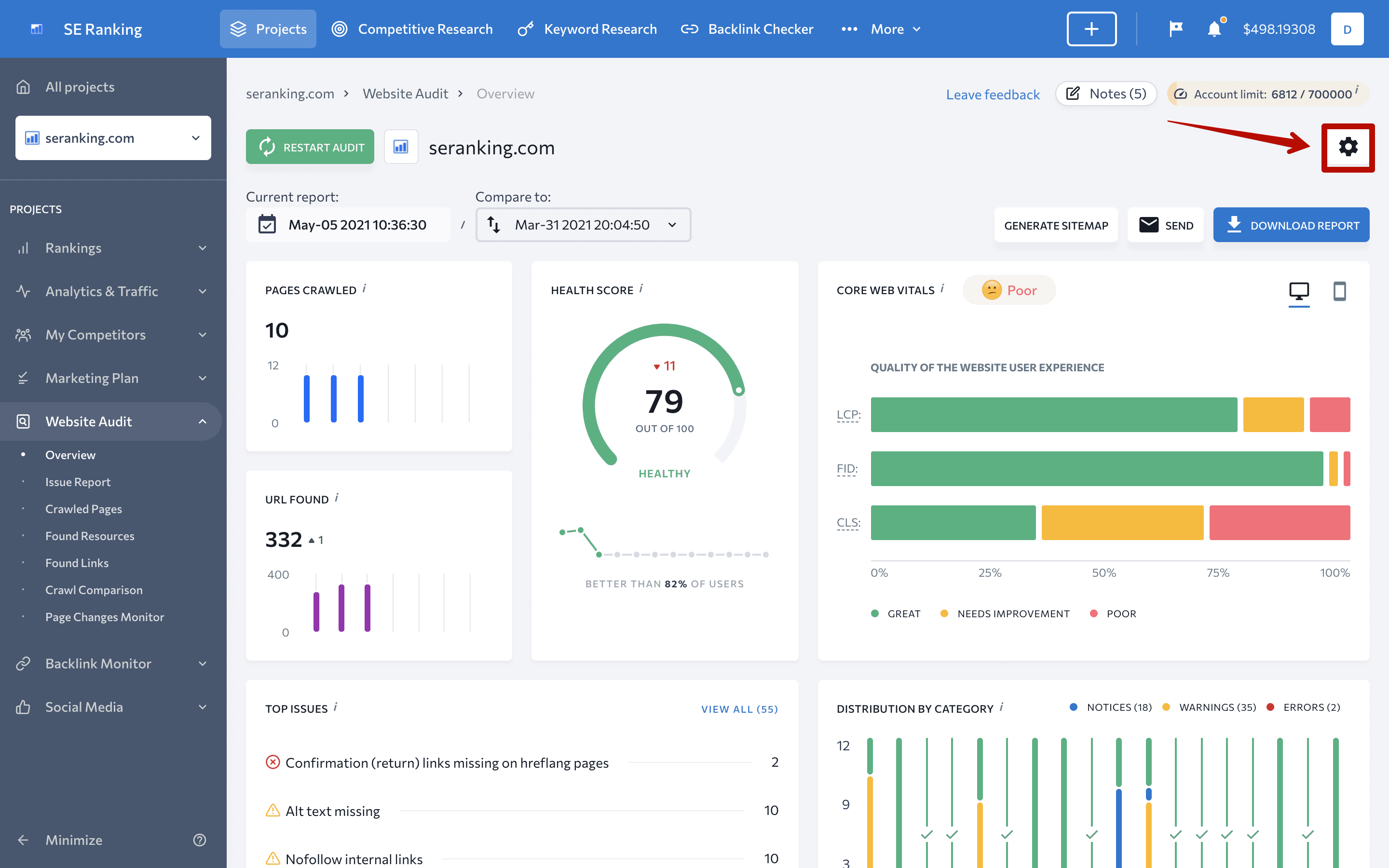 Accessing Website Audit settings