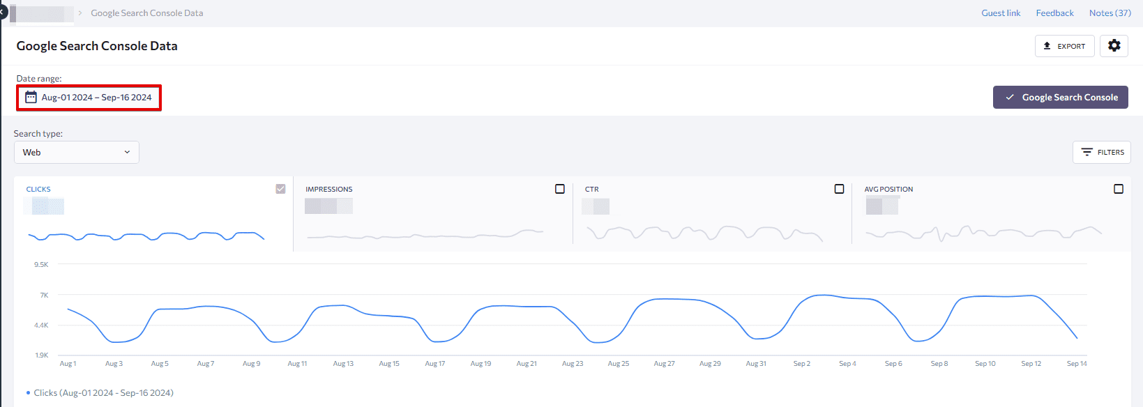 GSC data in SE Ranking. Choosing the date range