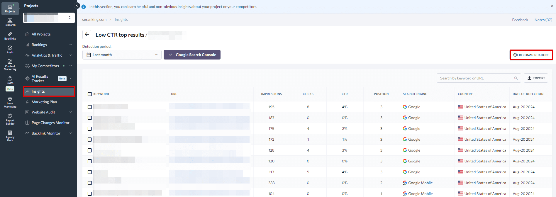 SE Ranking's Insights tool