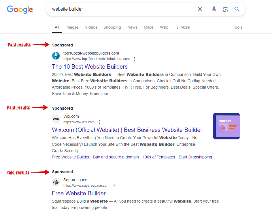 An example of paid results on the SERP