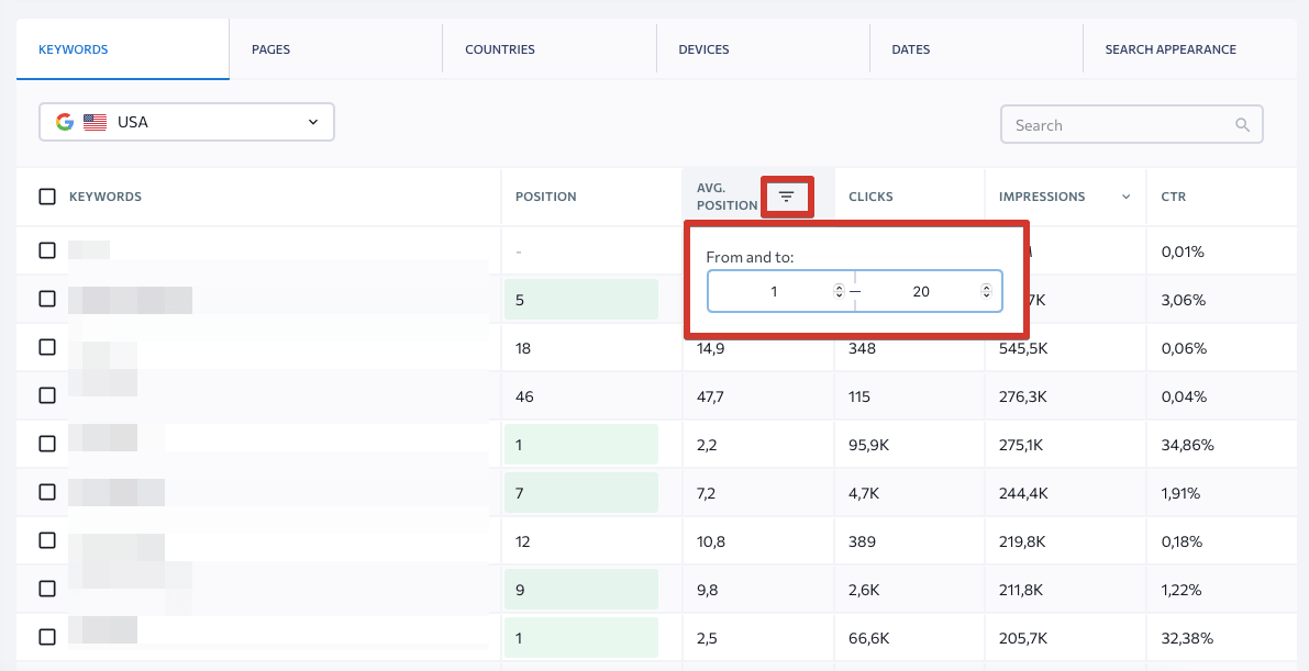 GSC data in SE Ranking. Filtering by average position