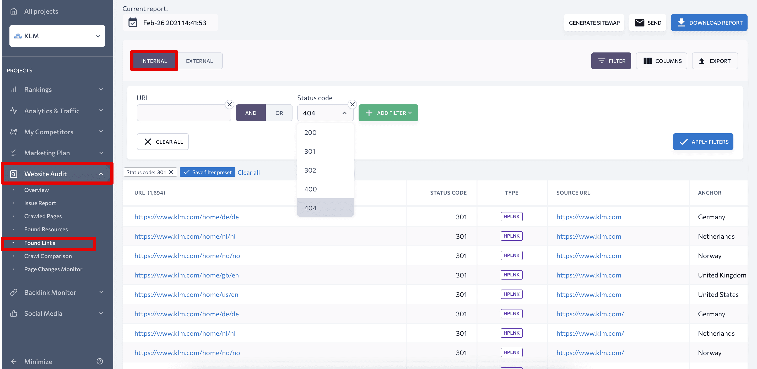 Broken internal links SE Ranking audit