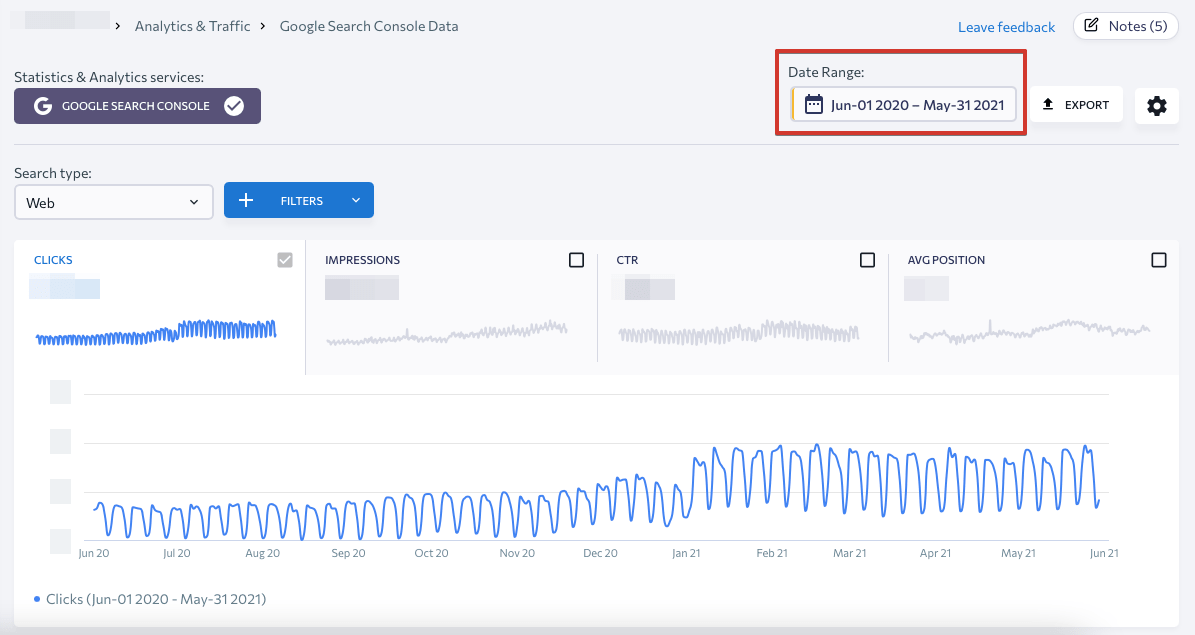 GSC data in SE Ranking. Choosing the date range