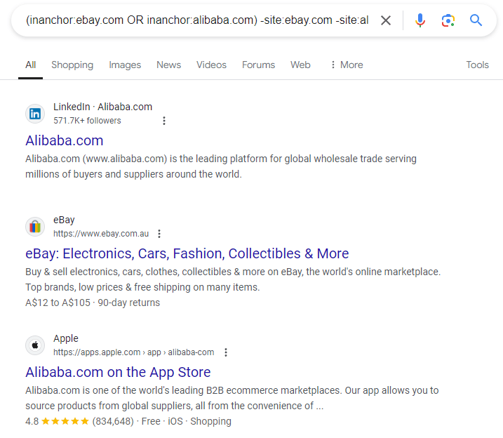 (inanchor:ebay.com OR inanchor:alibaba.com) -site:ebay.com -site:alibaba.com