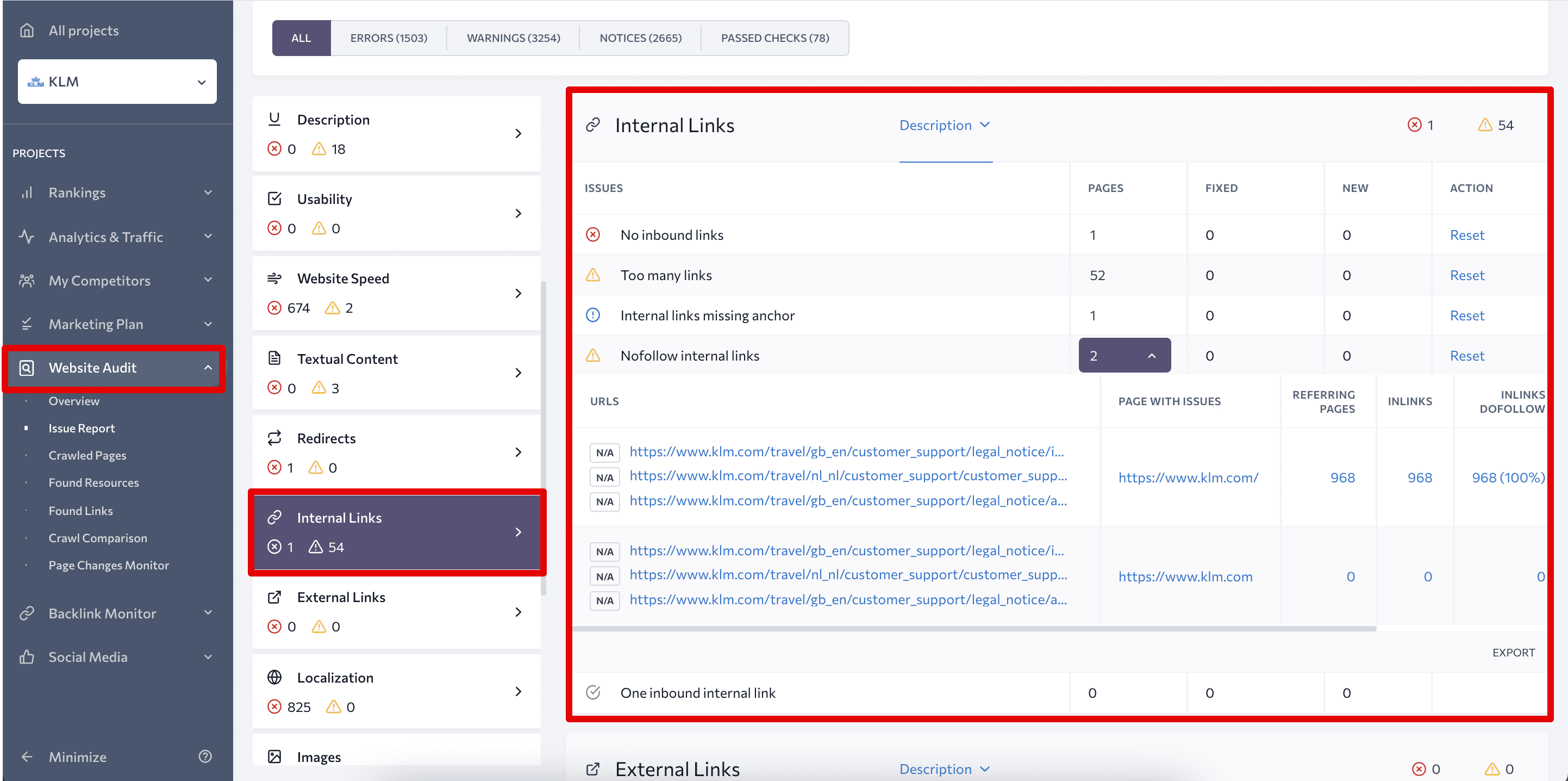 Internal Links section in Website Audit