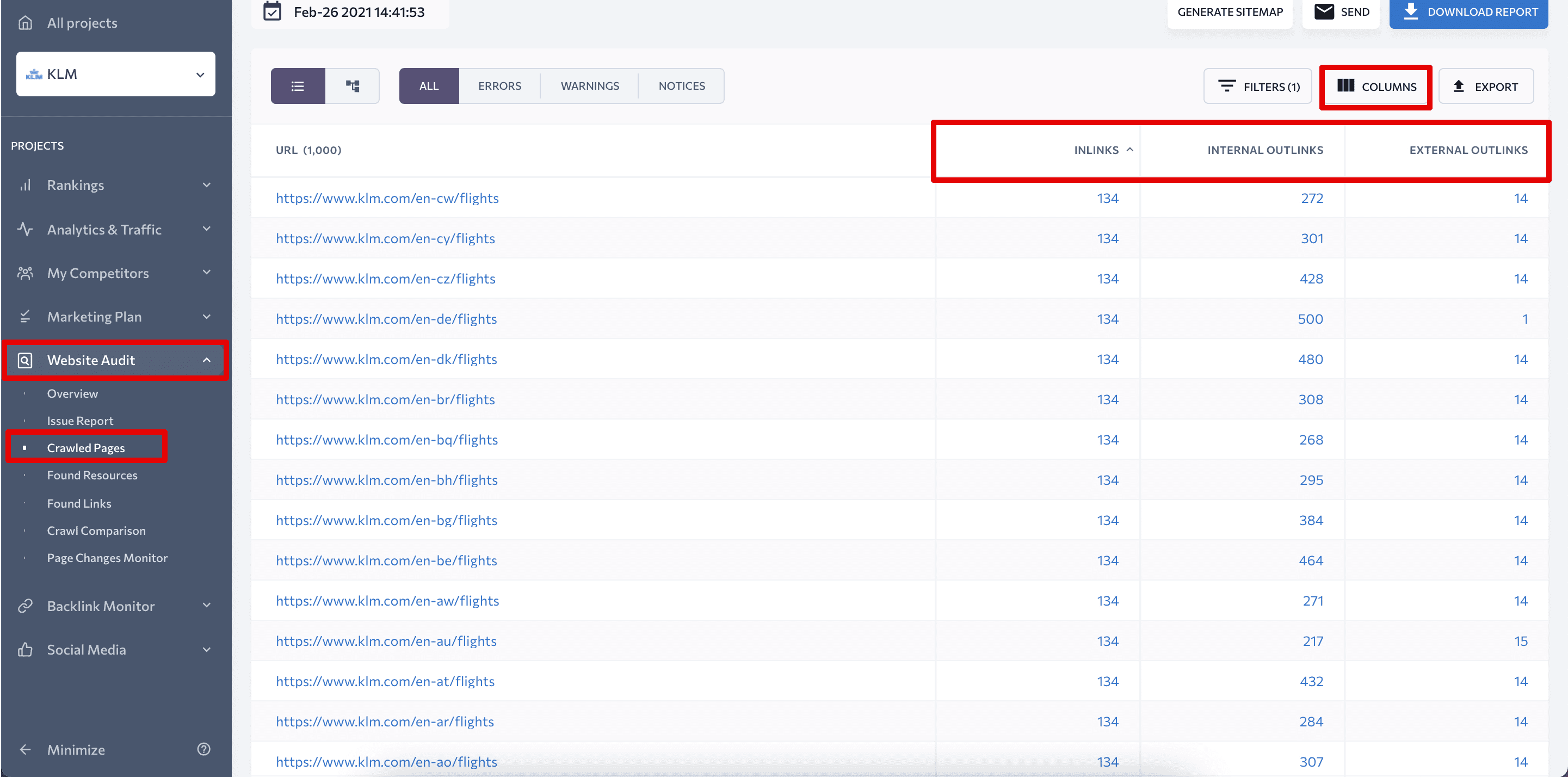 Analysing website links with SE Ranking