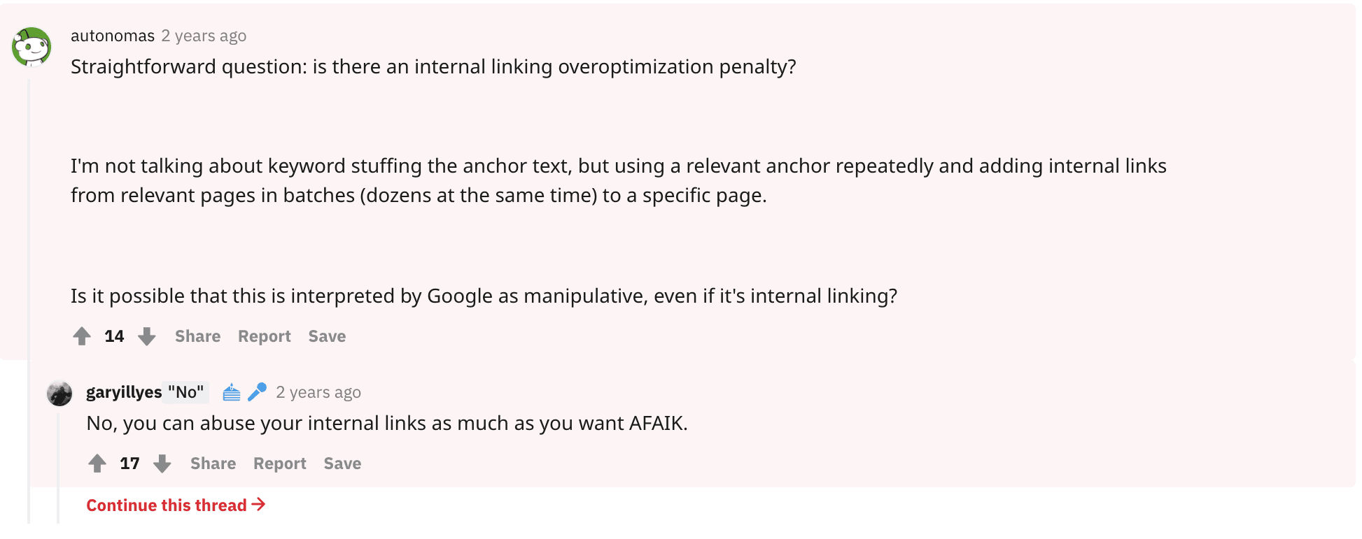 Reddit thread on internal link’s anchor texts 