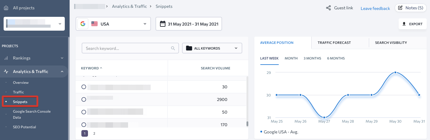 Search snippets data in SE Ranking