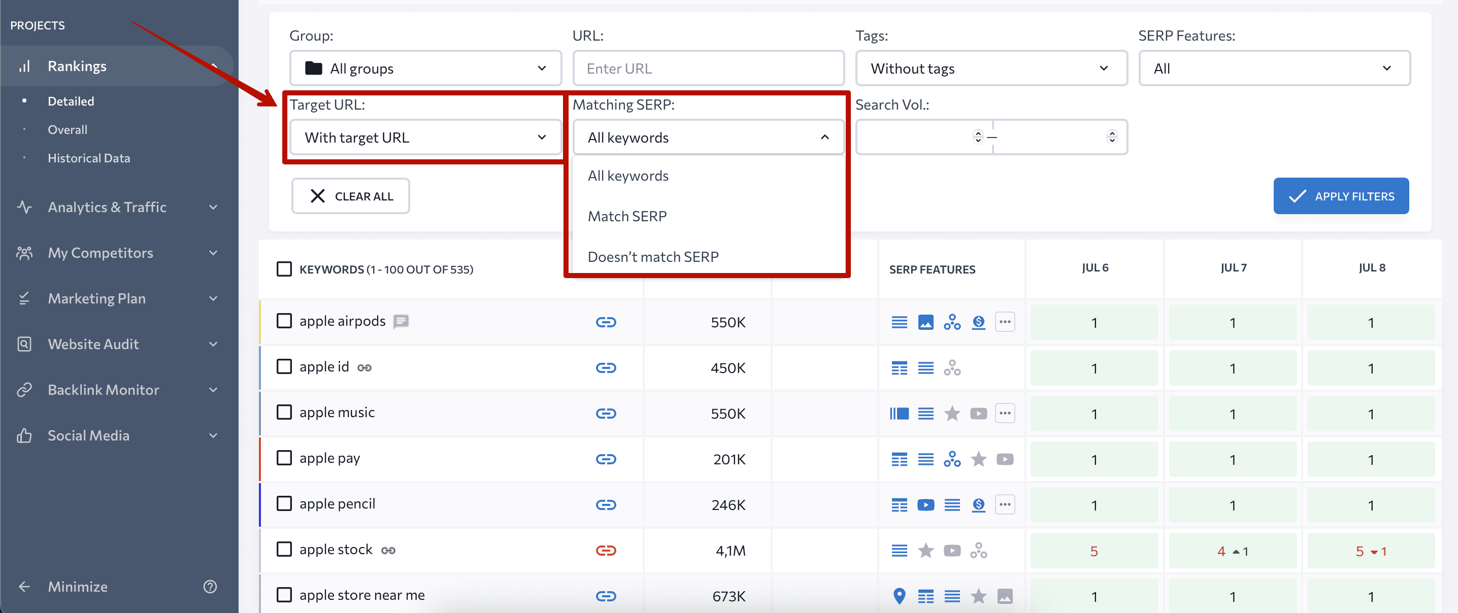 Target URL filtering in Rankings