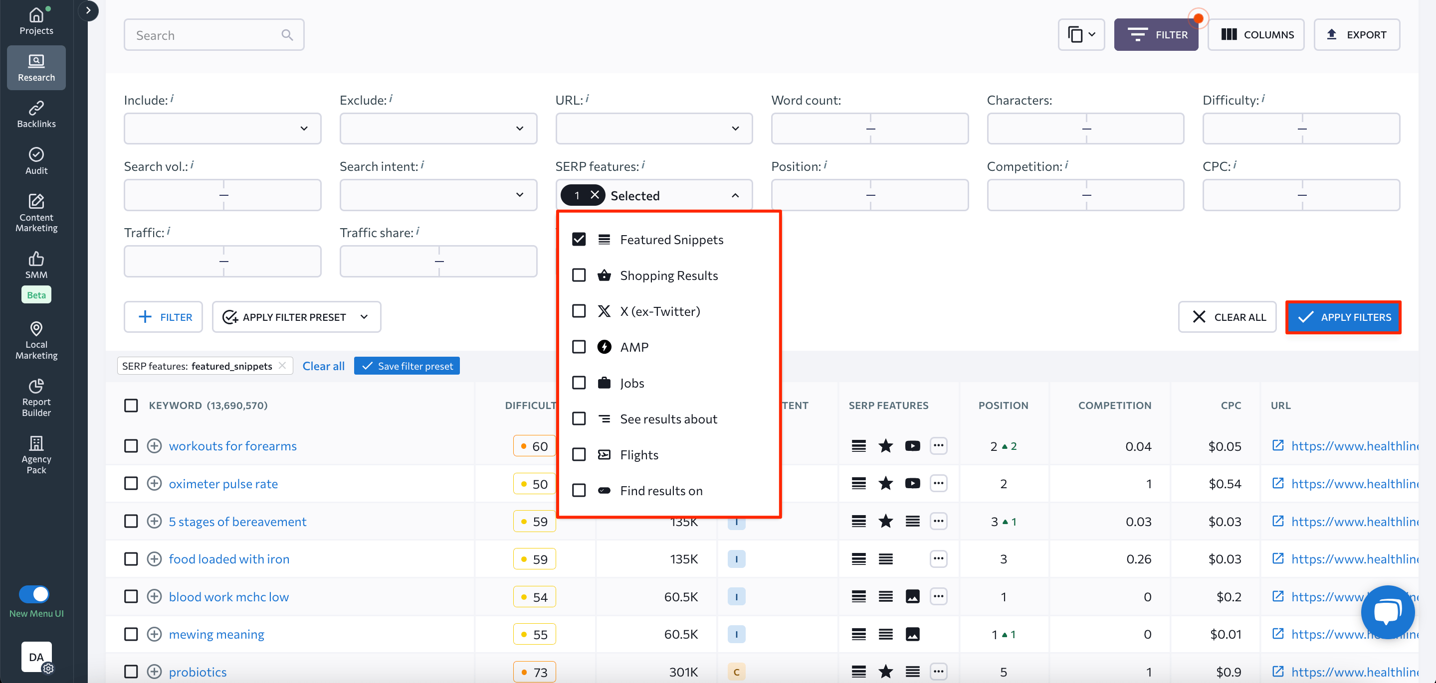 filtering featured snippets at SE Ranking