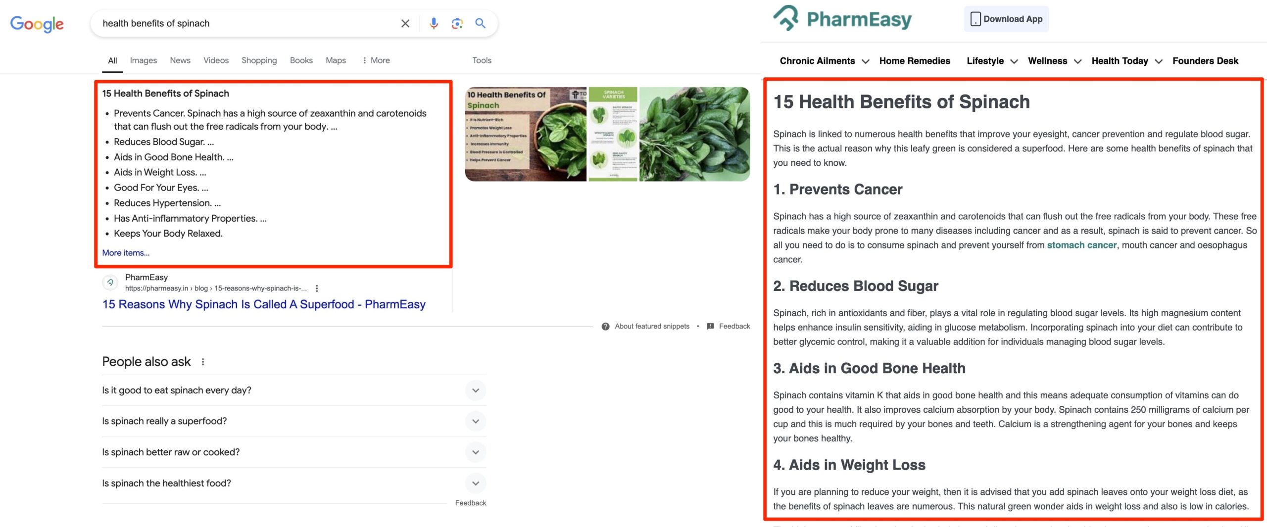 list featured snippet compiled from section headers