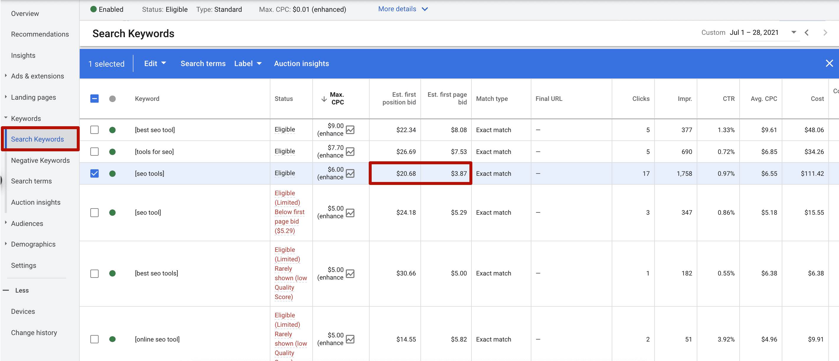 Keyword bid changes in GAds