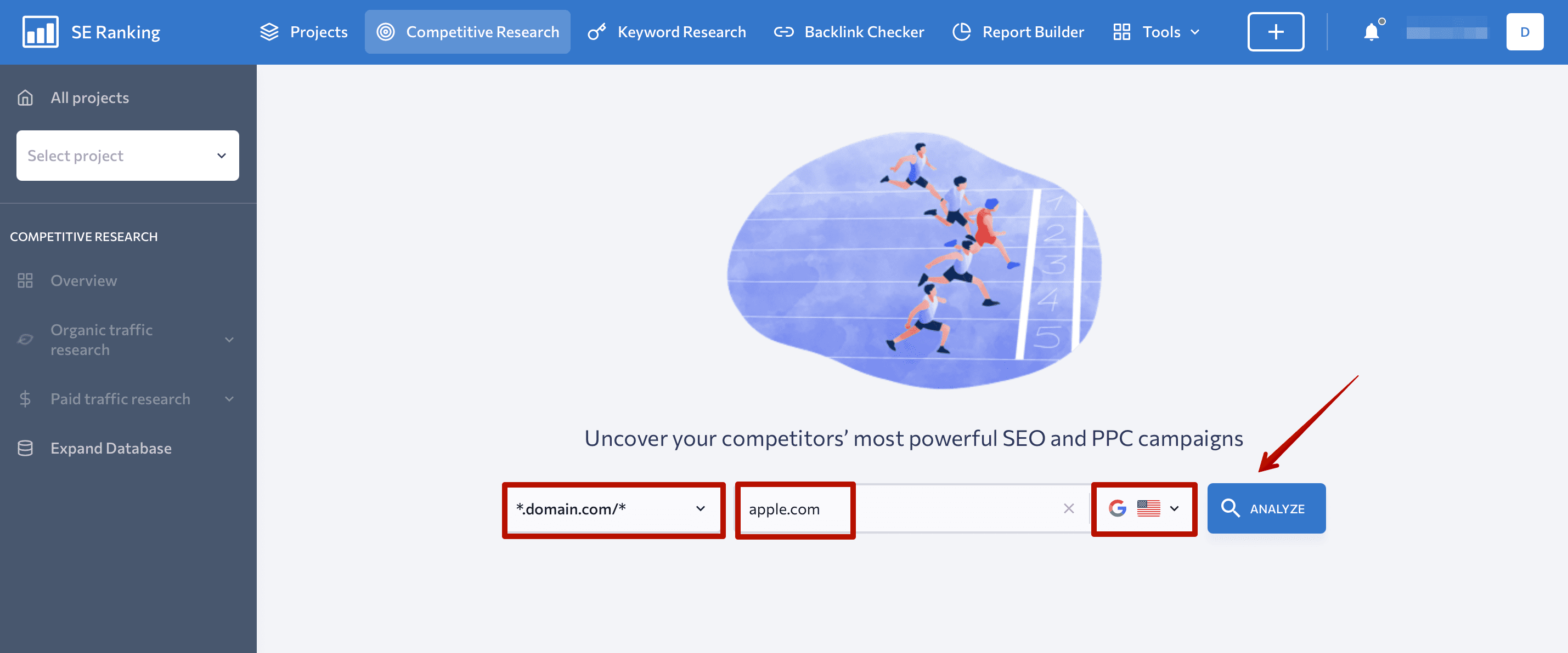 Running a domain search using Competitive Research