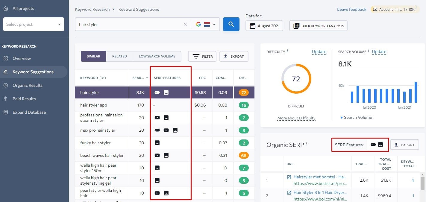 SE Ranking shows SERP features under keyword suggestions in the Keyword Research tool