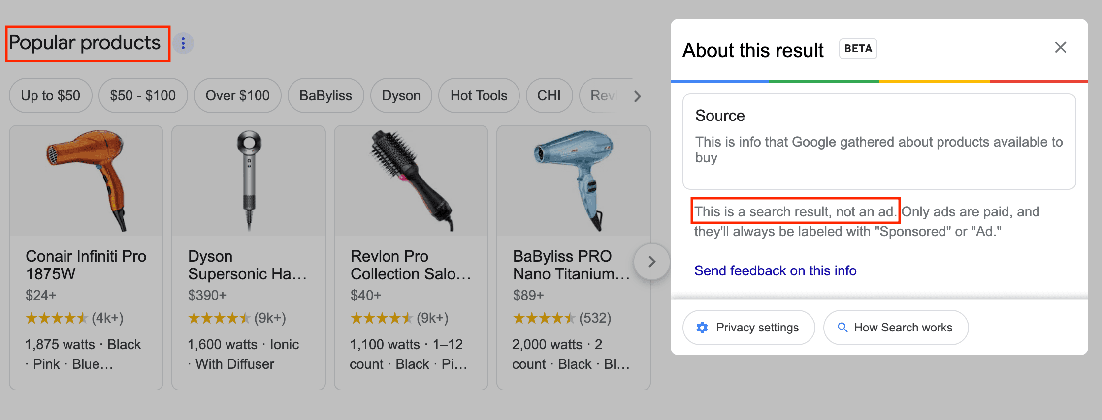 An example of Popular Products enriched search result