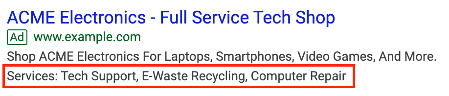 An example of structured snippet from a Google Ad