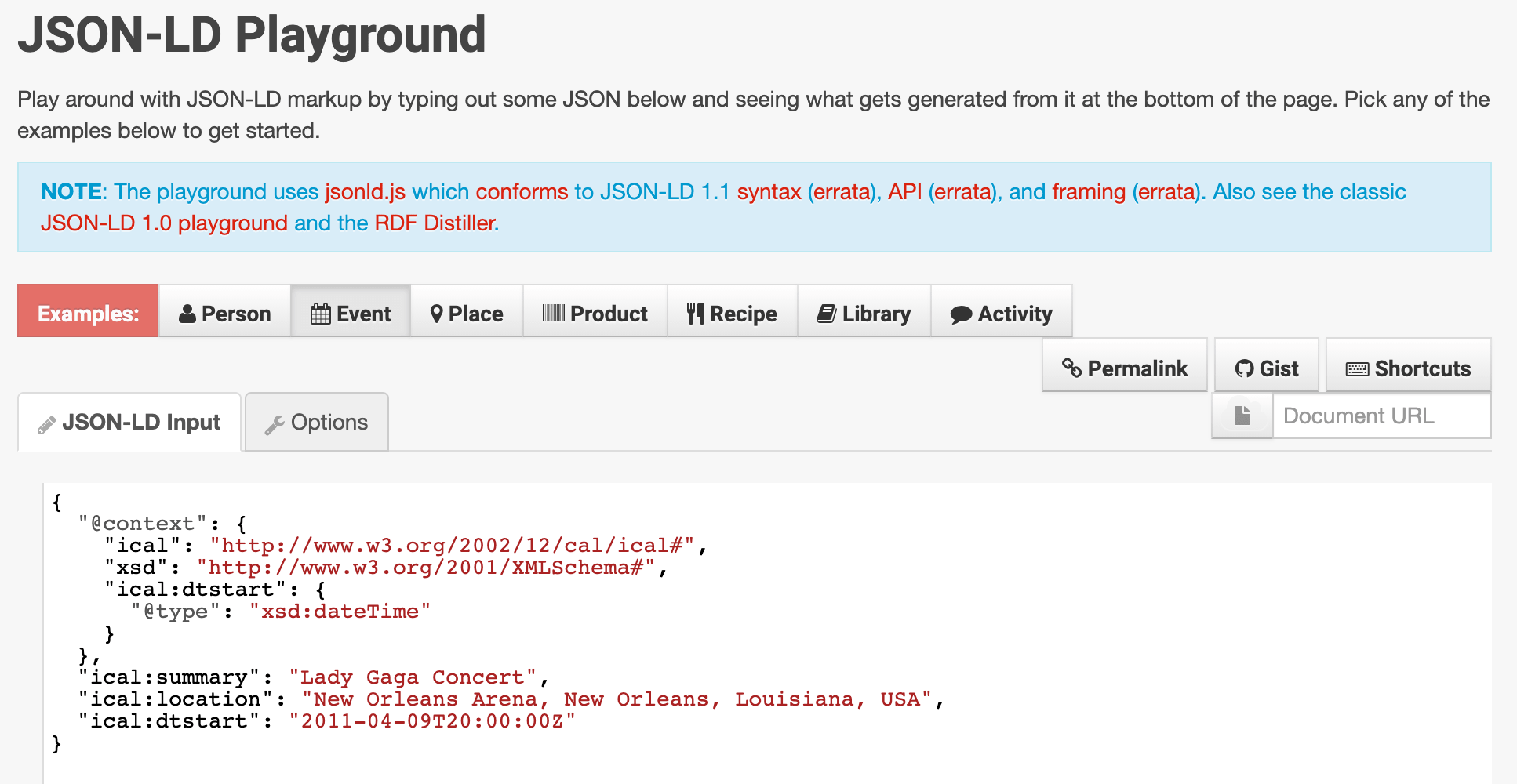 Un exemple de code JSON-LD de JSON-LD Playground