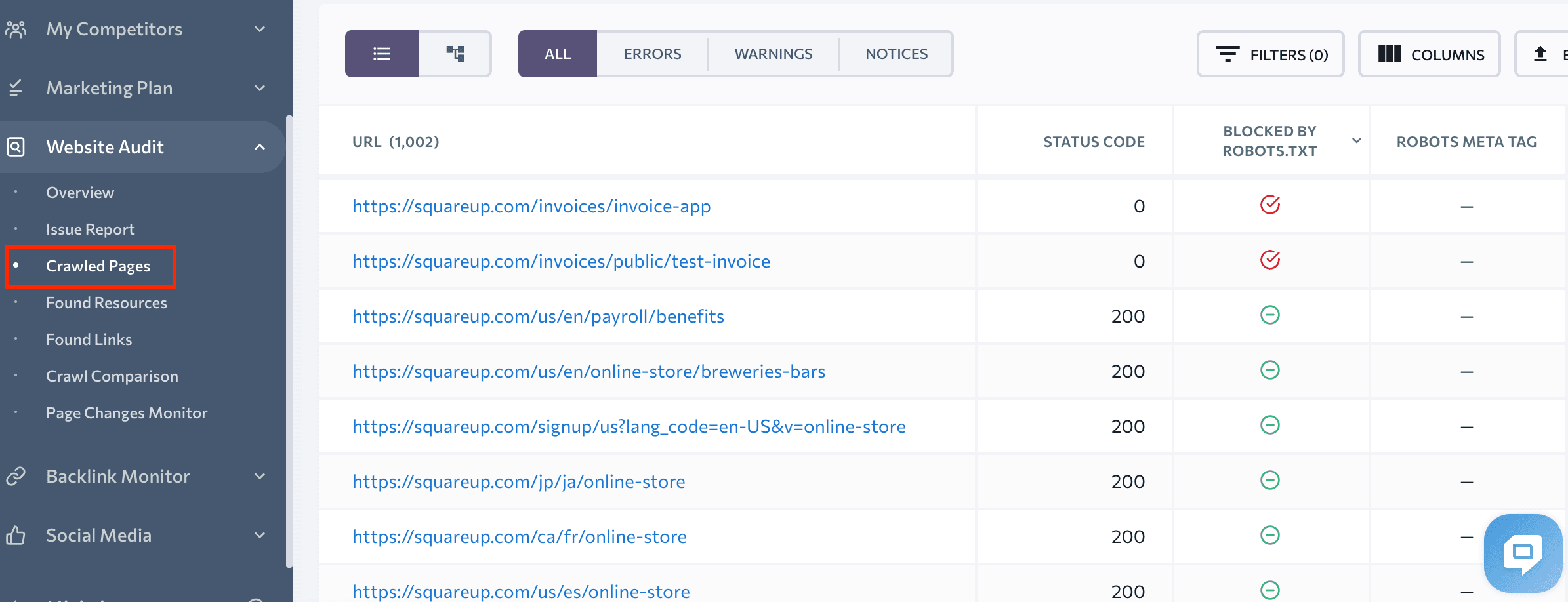 Crawled pages in SE Ranking's Website Audit