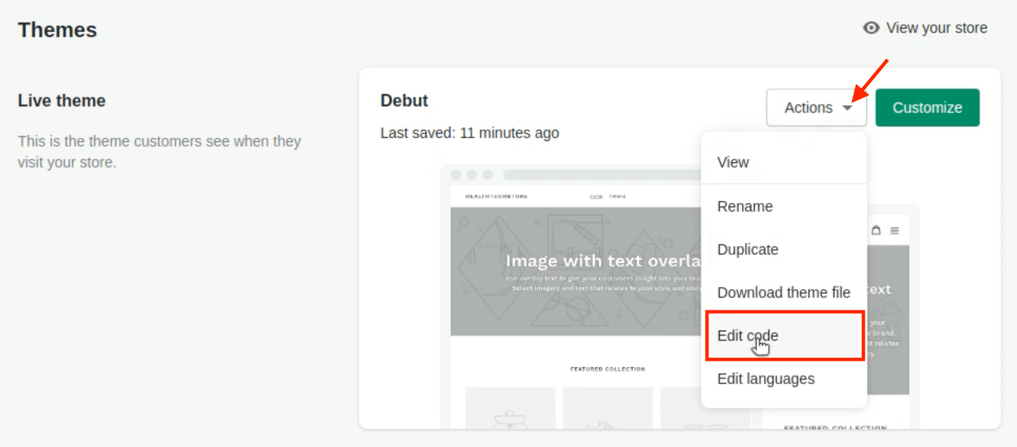 Editing the website’s theme code of a Shopify store