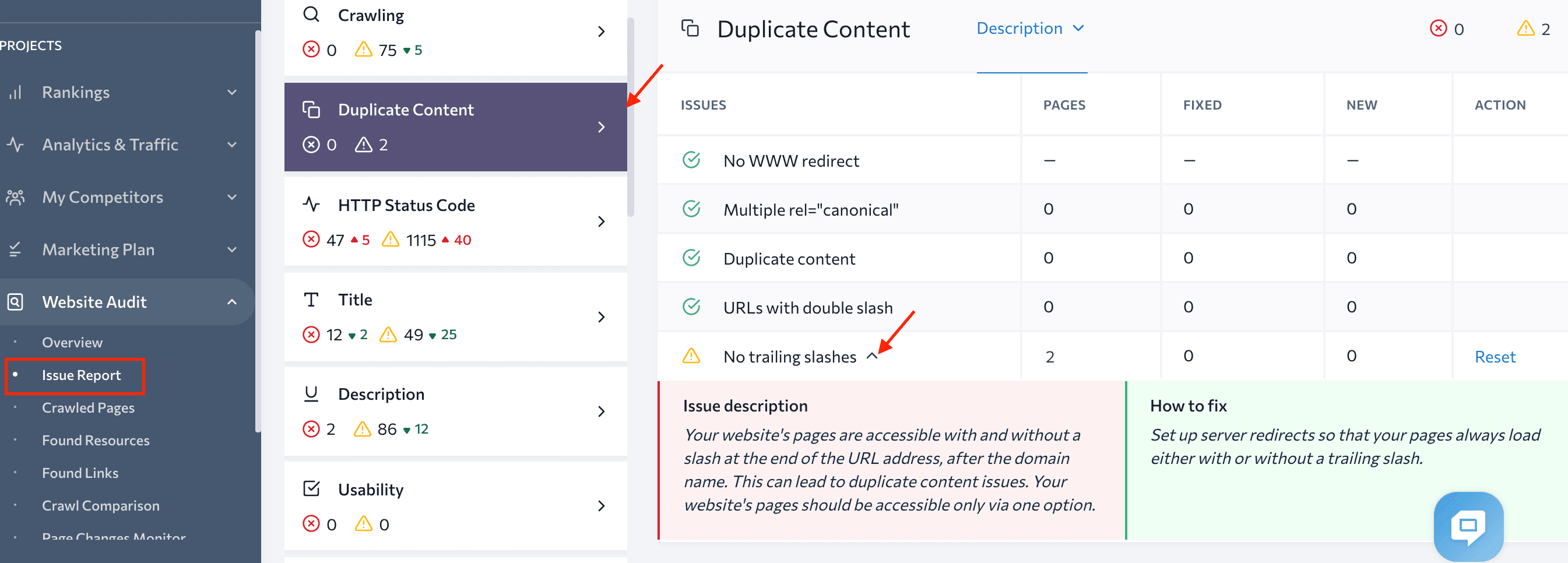 Errors detected by SE Ranking Website Audit