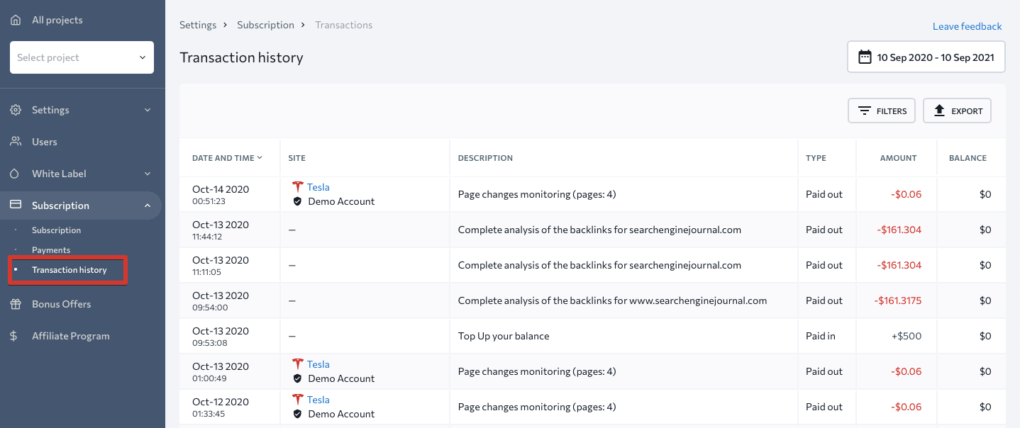 Historique des transactions sur le compte de SE Ranking