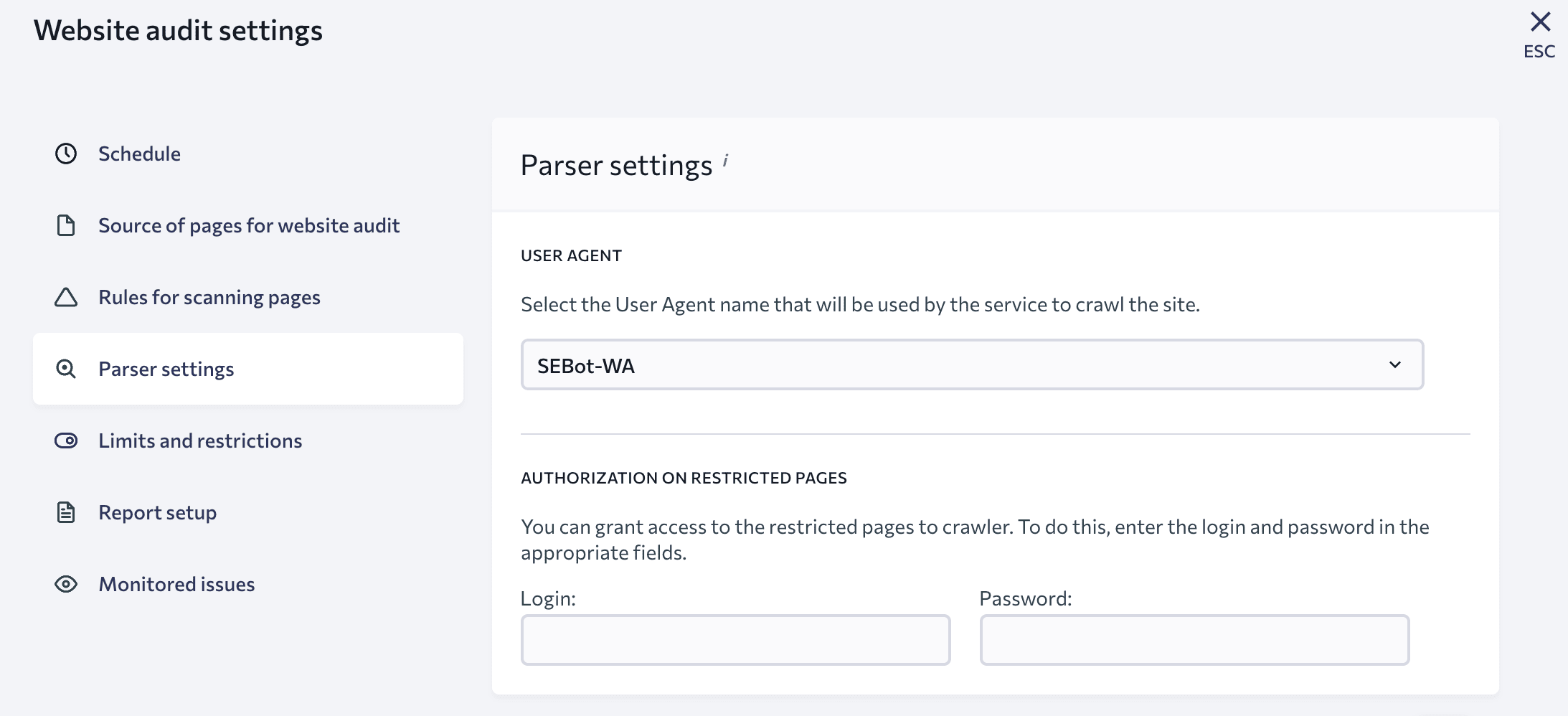 SE Ranking Parser Settings for Website Audit