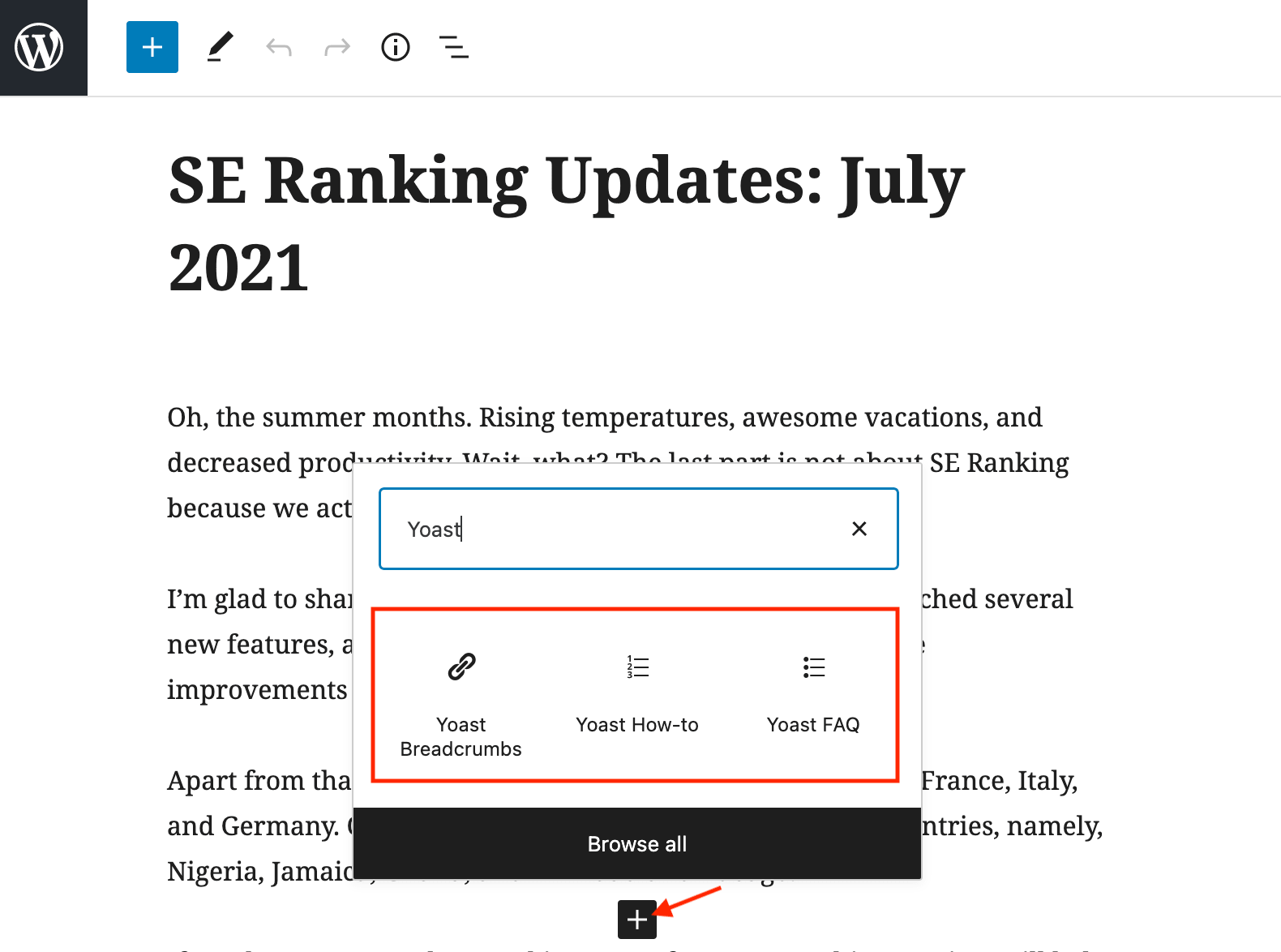 Yoast content blocks in the WordPress block editor for adding FAQ, How-To, and breadcrumbs markup