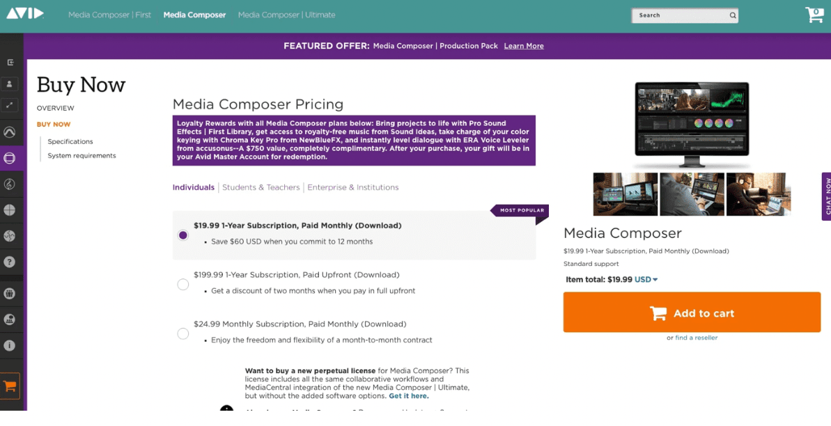 A screenshot of Avid’s website showcasing special offers highlighted in purple for higher visibility