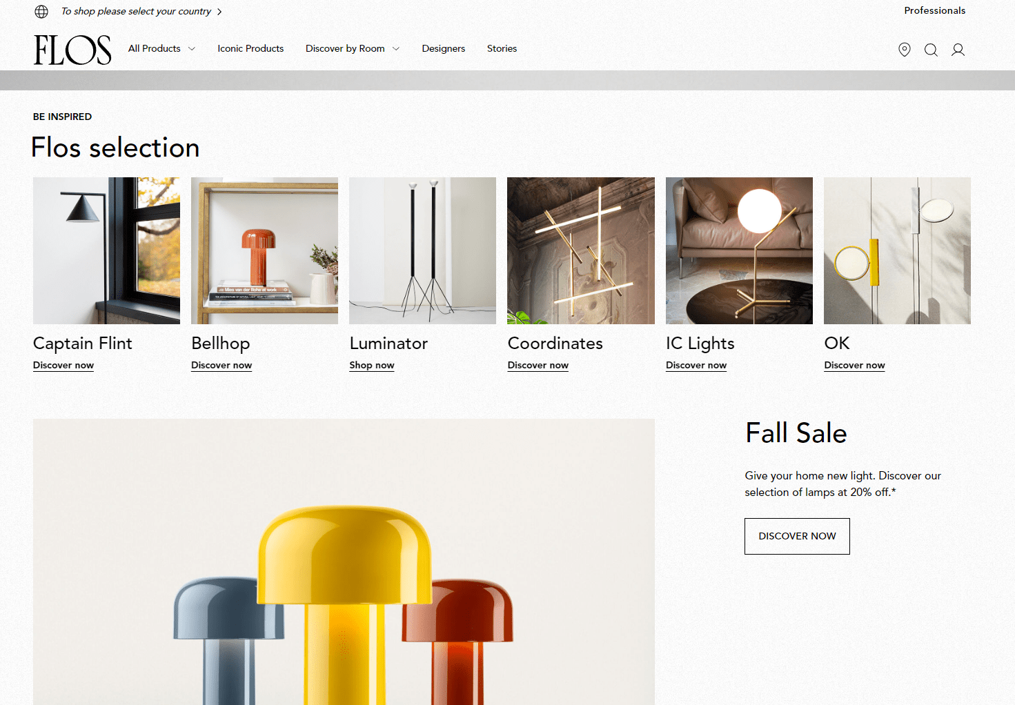 A screenshot of a Flos US website showcasing the design of a homepage