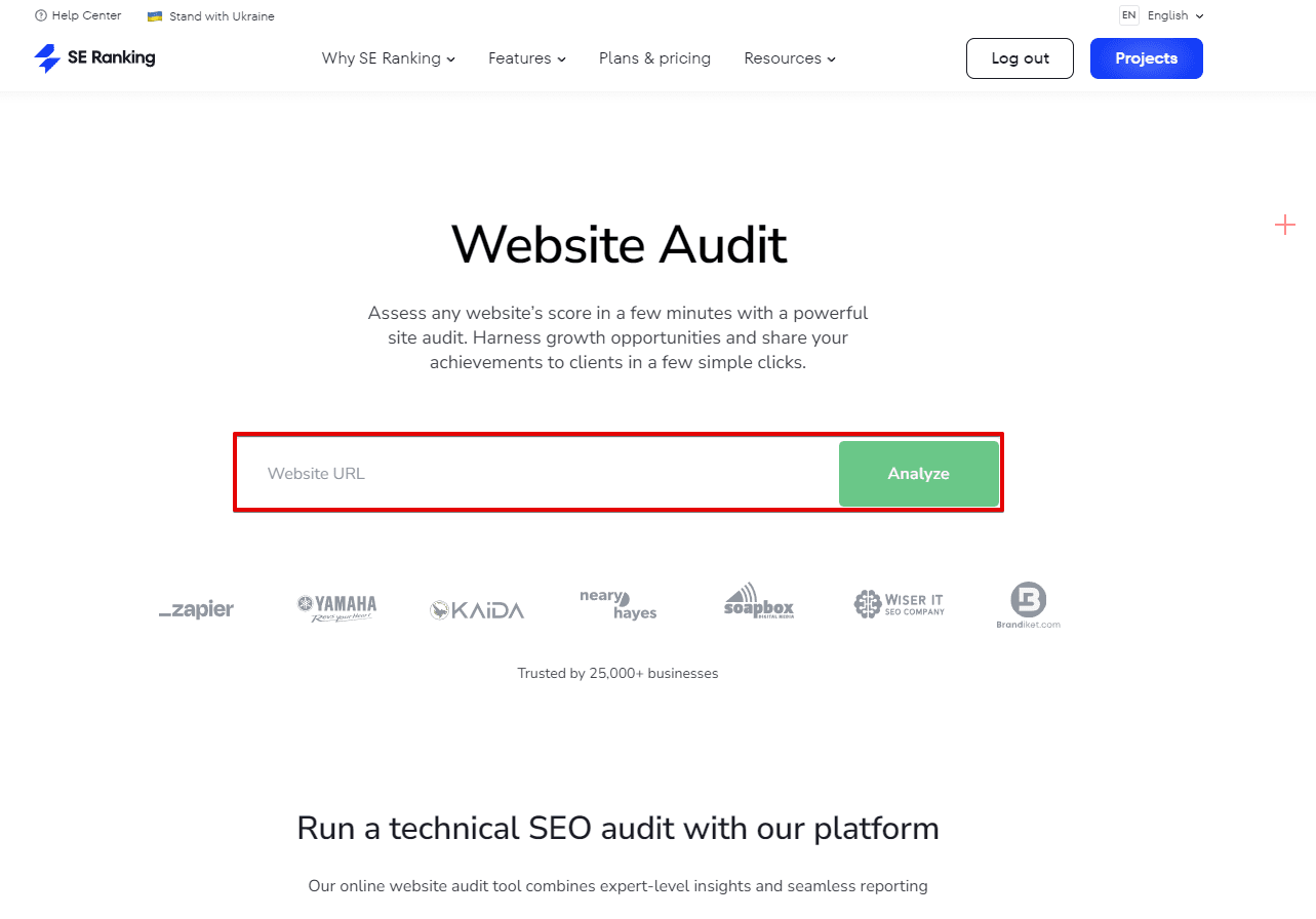 A screenshot of SE Ranking’s Website Audit tool allowing the visitor to run a quick analysis of their website by just providing the link to it